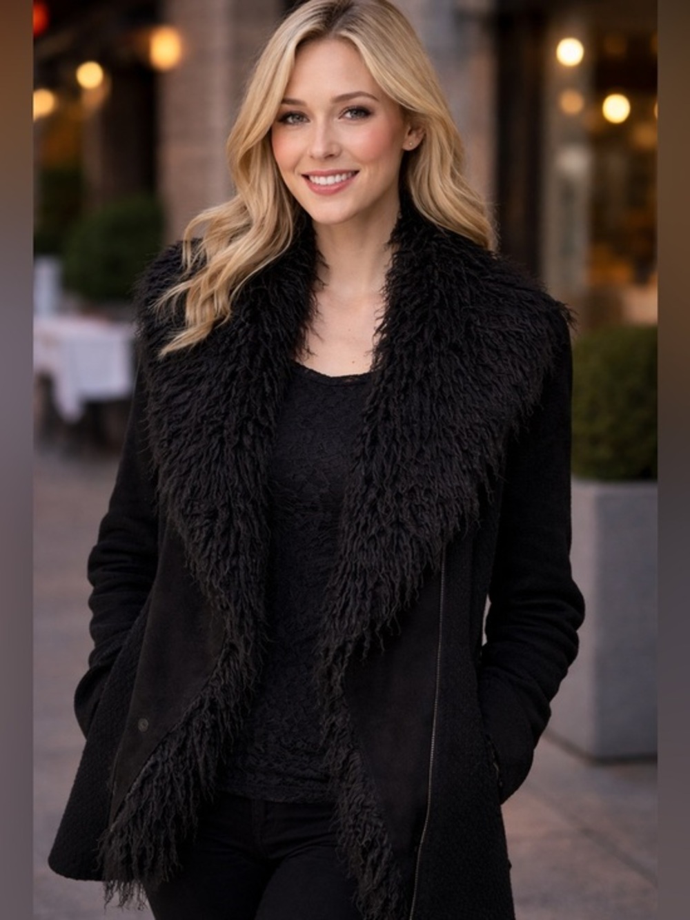 Vince wool Black Teddy-Trim Coat